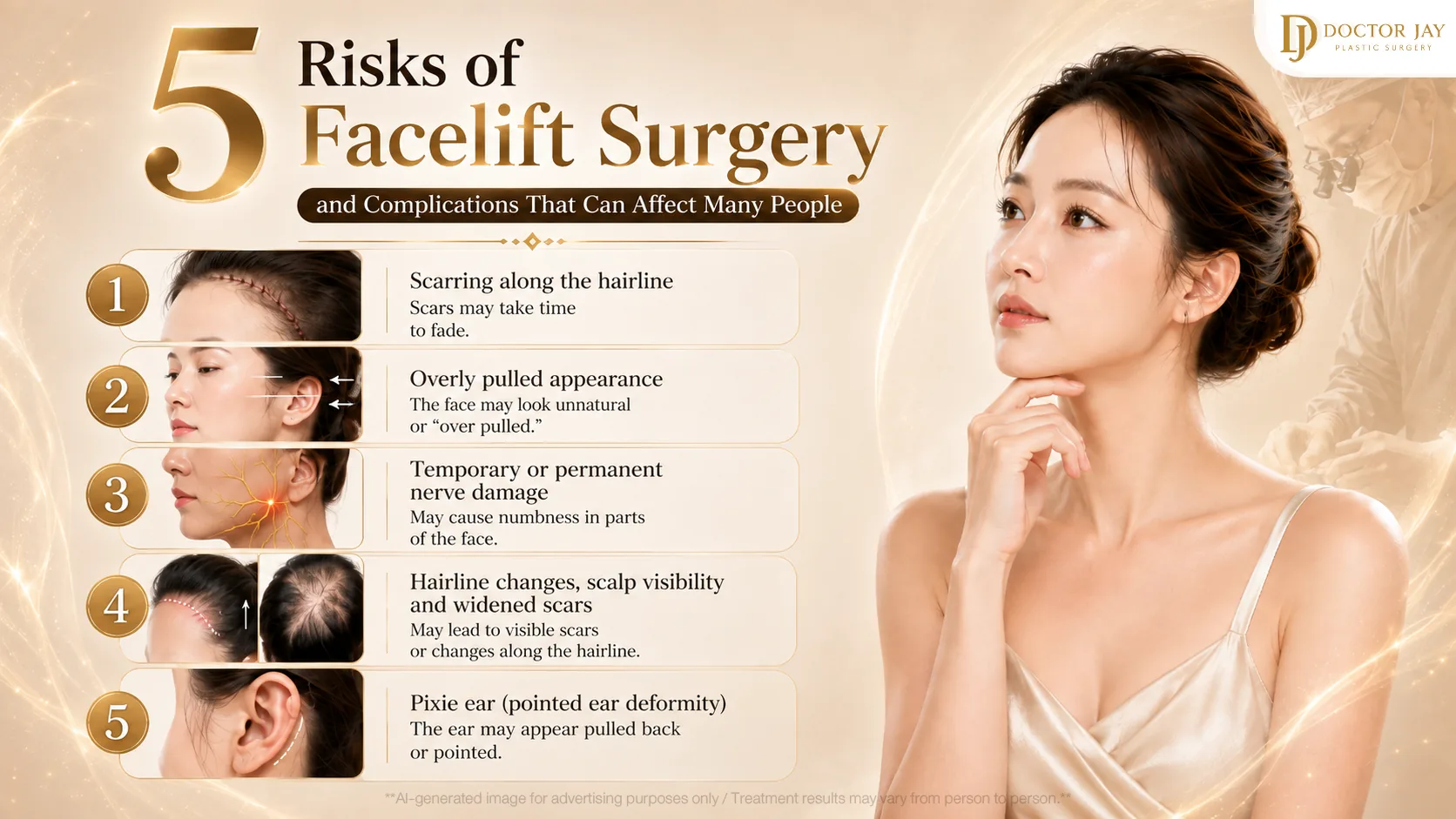 Five risks of facelift surgery, including scarring, an overly pulled look and nerve damage
