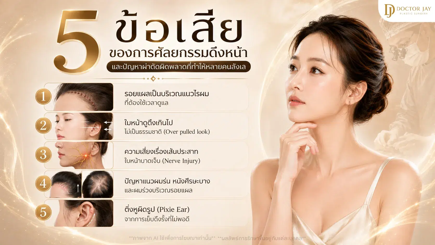 ข้อเสียของการดึงหน้า 5 ข้อ เช่น รอยแผลเป็น หน้าตึงเกินไป และความเสี่ยงเรื่องเส้นประสาท
