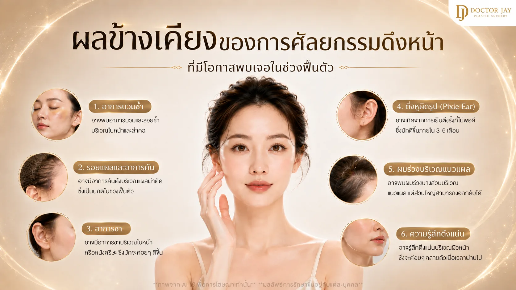 ผลข้างเคียงของการศัลยกรรมดึงหน้าที่อาจพบในช่วงฟื้นตัว เช่น อาการบวม รอยแผล และอาการชา