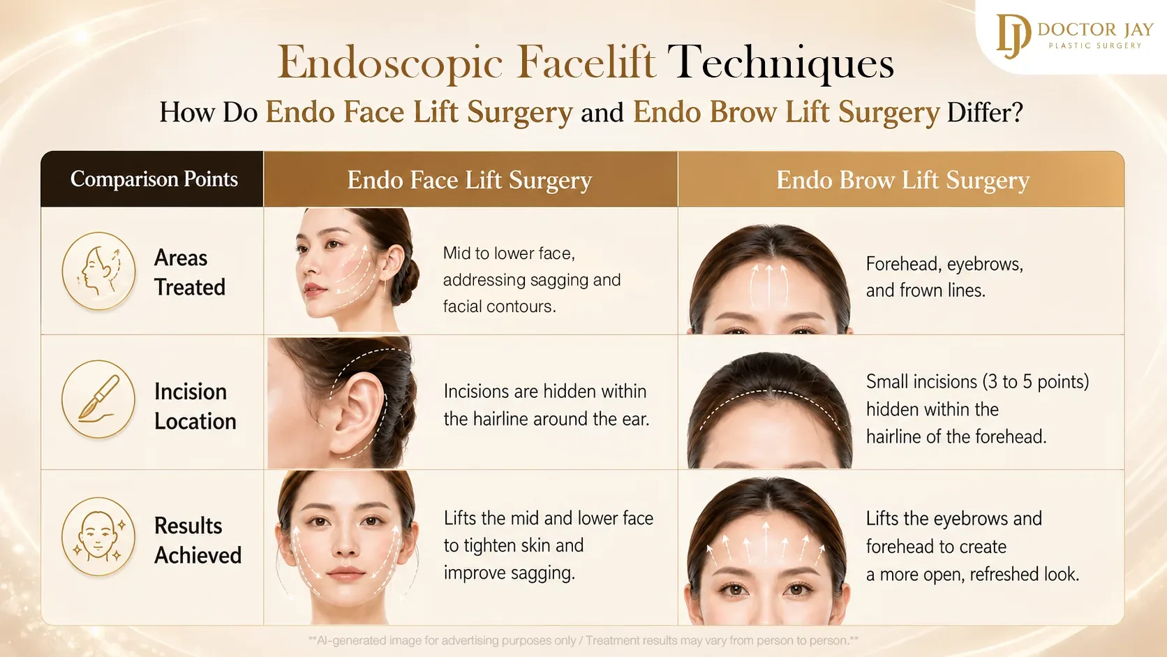 Comparison of Endo Face Lift Surgery and Endo Brow Lift Surgery by treated area, incision location and results