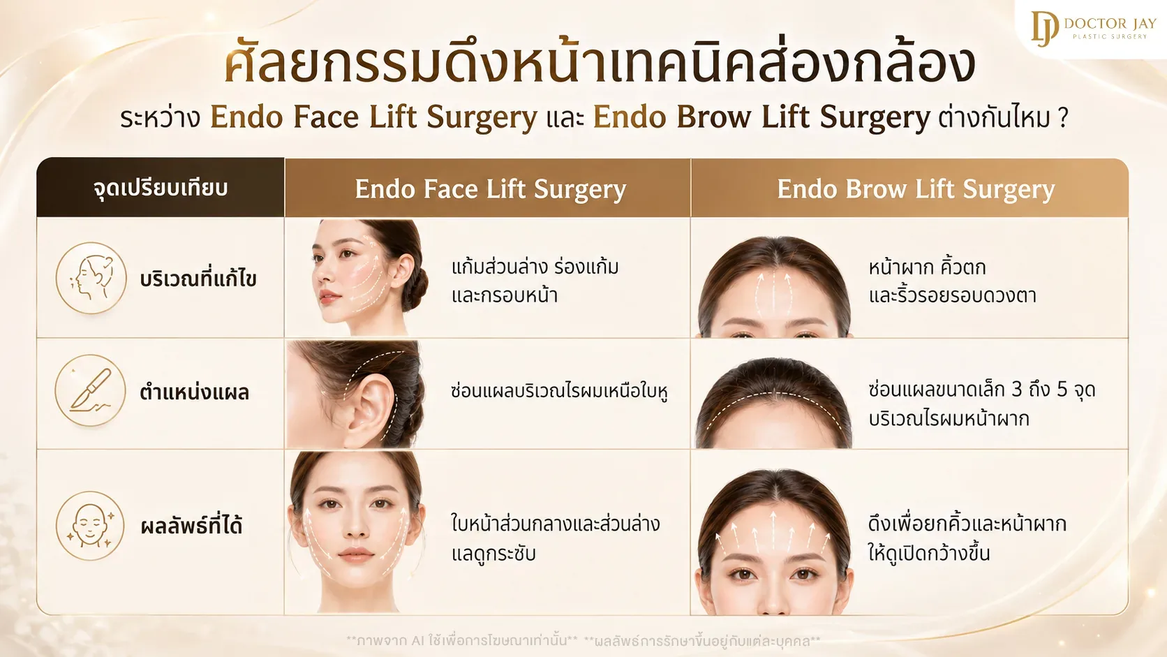 ตารางเปรียบเทียบ Endo Face Lift Surgery กับ Endo Brow Lift Surgery ทั้งบริเวณที่แก้ไข ตำแหน่งแผล และผลที่ได้