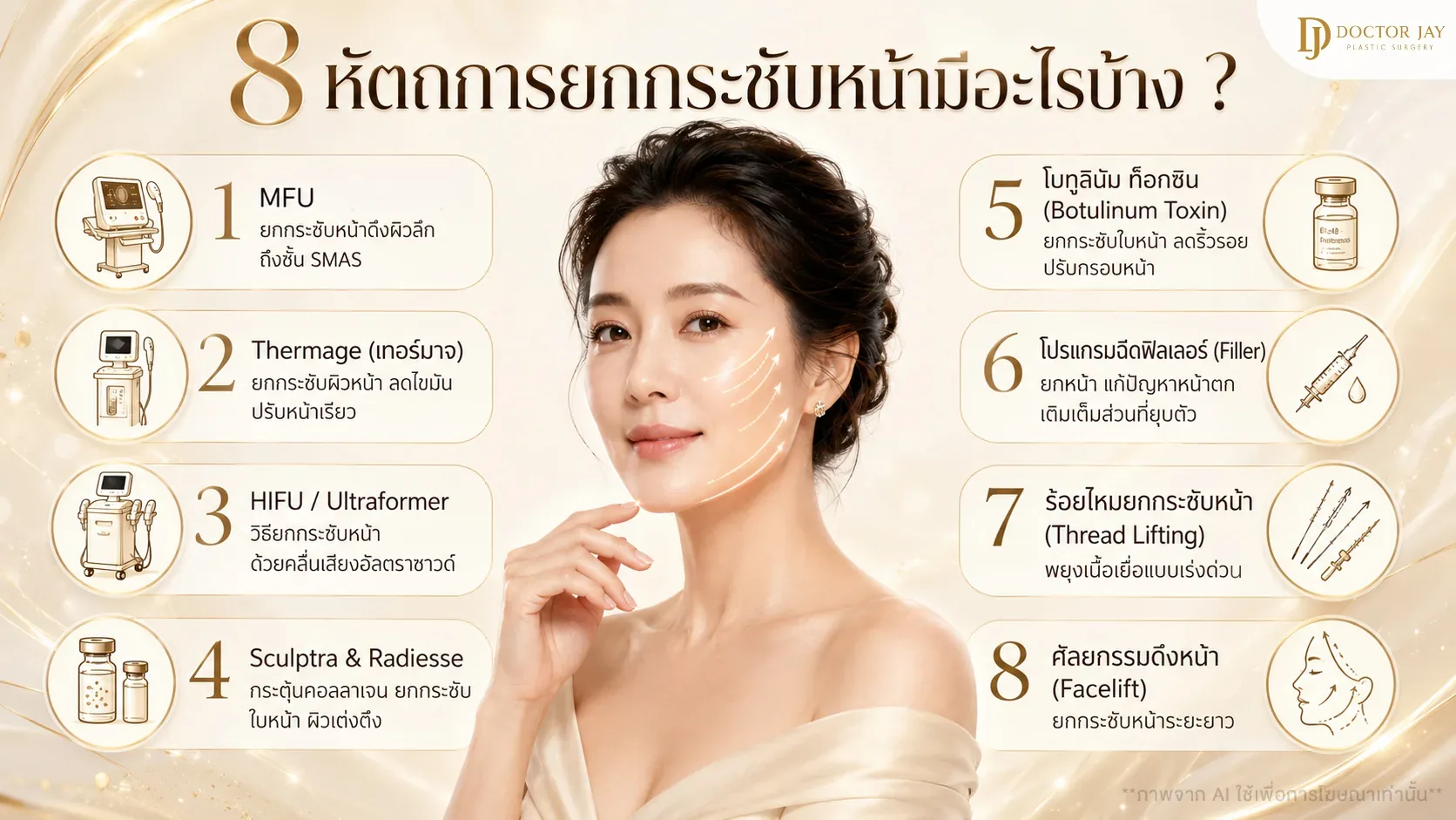 รวม 8 หัตถการยกกระชับหน้า ทั้งแบบใช้เครื่อง แบบฉีด ร้อยไหม และการผ่าตัดดึงหน้า