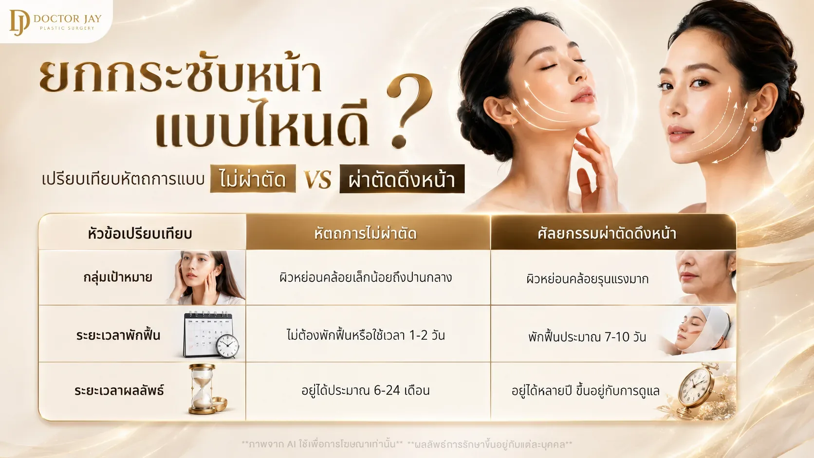 ตารางเปรียบเทียบการยกกระชับหน้าแบบไม่ผ่าตัดกับผ่าตัดดึงหน้า ทั้งกลุ่มเป้าหมาย ระยะพักฟื้น และระยะเวลาผลลัพธ์