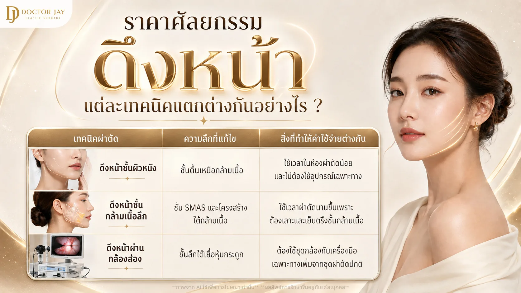 ตารางเปรียบเทียบเทคนิคดึงหน้าชั้นผิวหนัง ชั้นกล้ามเนื้อลึก และผ่านกล้องส่อง กับสิ่งที่ทำให้ค่าใช้จ่ายต่างกัน