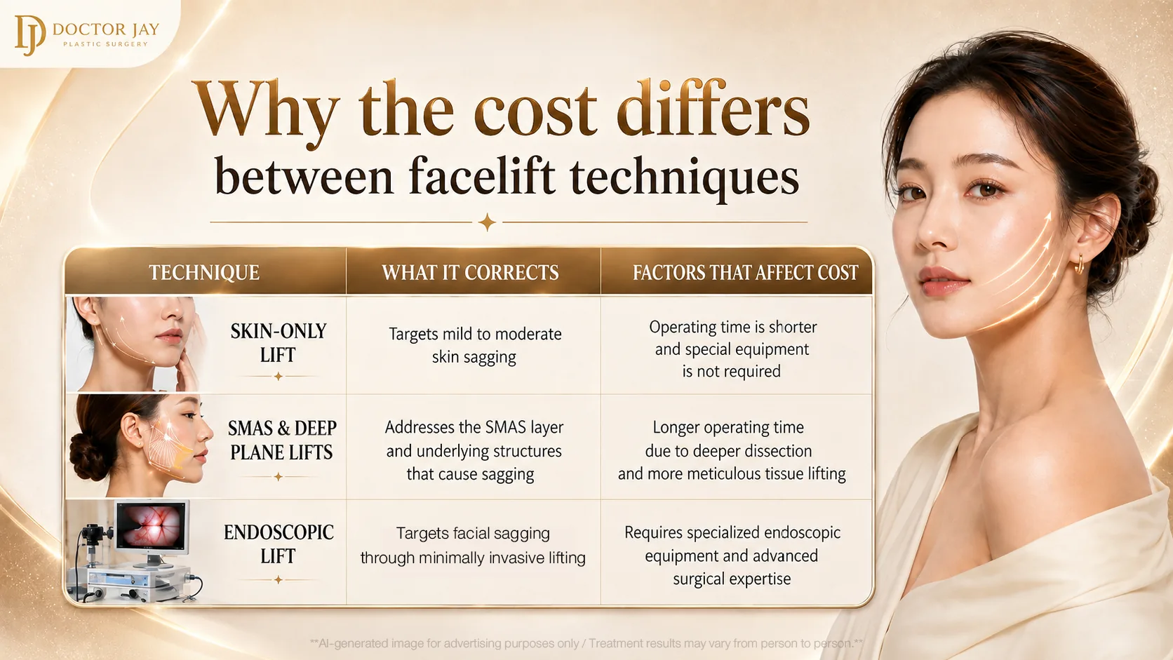 Table comparing skin-only, SMAS and deep plane, and endoscopic facelift techniques with the factors that affect cost