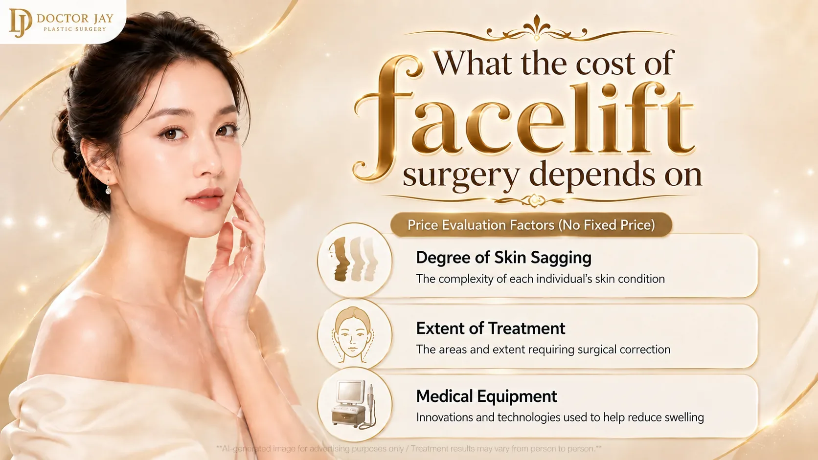 Factors that decide facelift surgery cost, including skin sagging, extent of treatment and specialized equipment