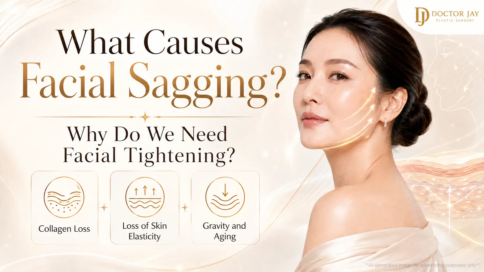 What causes facial sagging, including collagen loss, reduced skin elasticity and gravity with aging