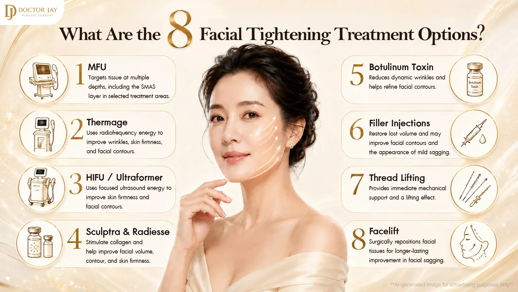 Eight facial tightening treatment options, from energy-based devices and injectables to thread lifting and facelift