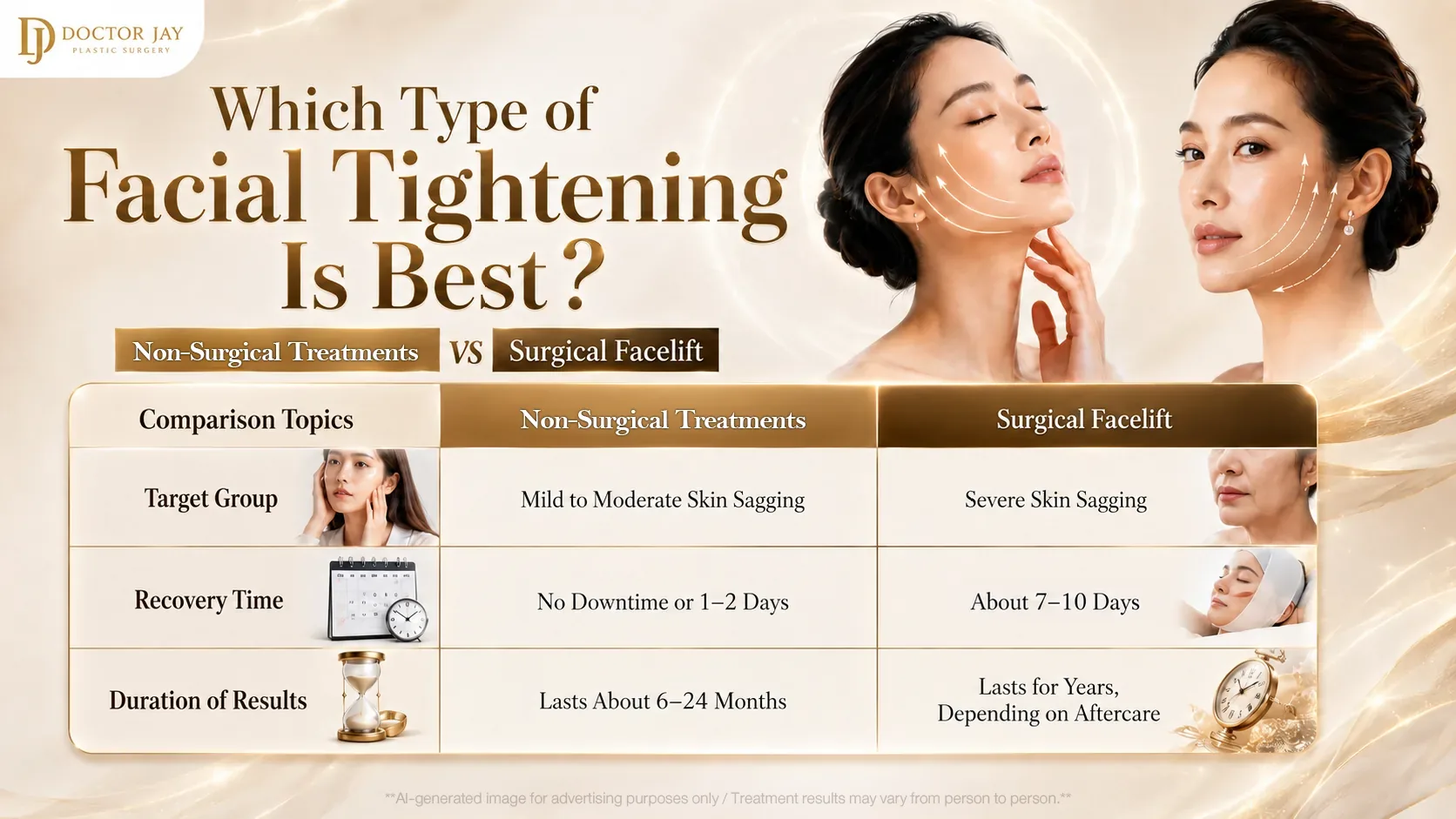 Comparison of non-surgical facial tightening and a surgical facelift by target group, recovery time and duration of results