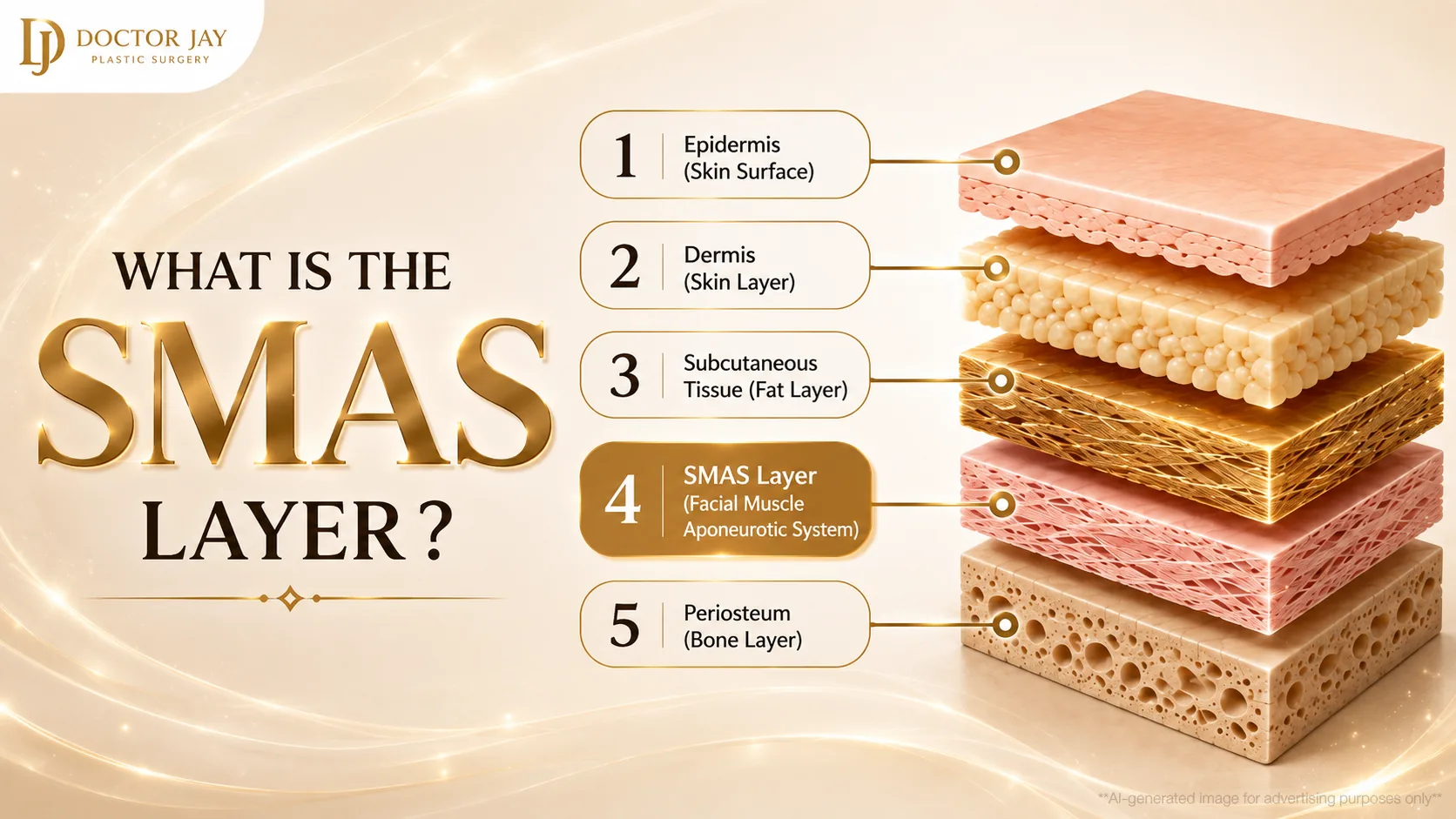 Diagram of five skin layers showing the SMAS as the fourth layer between fat and bone