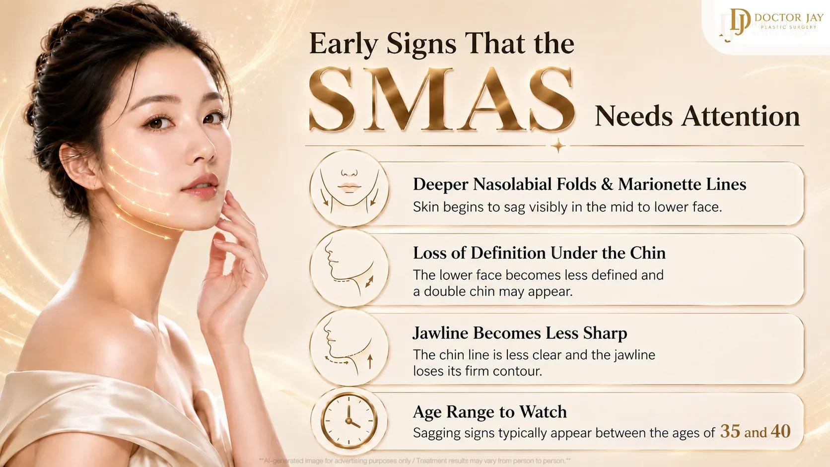 Early signs that the SMAS needs attention, such as deeper folds, loss of definition under the chin and a softer jawline