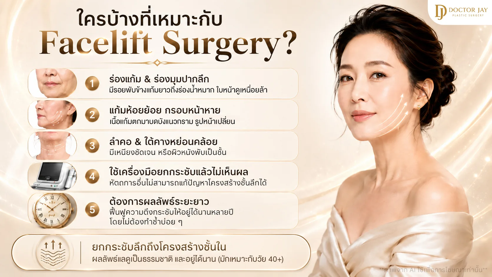 ใครบ้างที่เหมาะกับ Facelift เช่น แก้มหย่อน ร่องลึก ผิวหย่อนคล้อย หรือทำเครื่องแล้วไม่ได้ผล