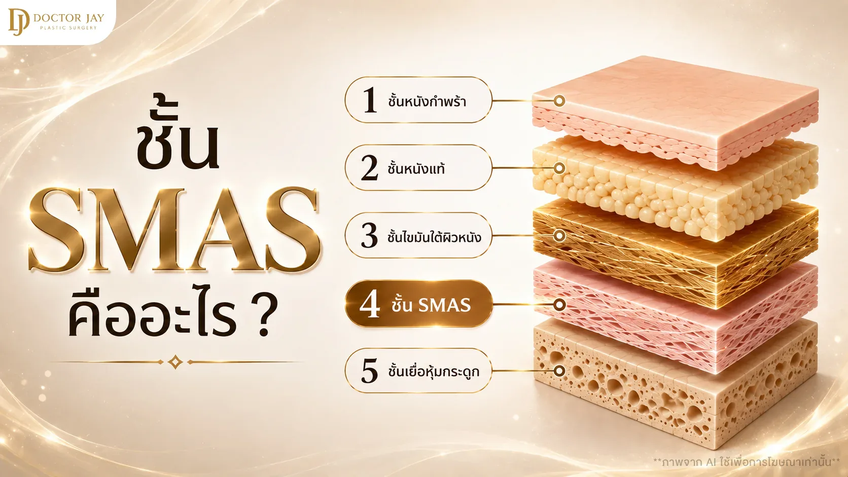ภาพชั้นผิว 5 ชั้น ชั้น SMAS คือชั้นที่ 4 อยู่ใต้ชั้นไขมันและเหนือชั้นกระดูก