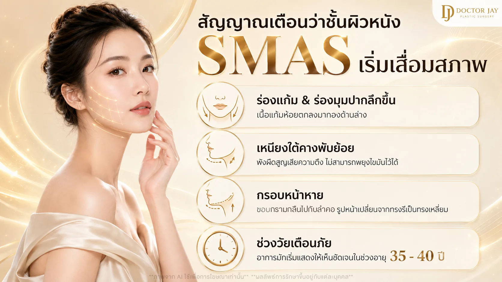 สัญญาณเตือนว่าชั้น SMAS เริ่มเสื่อมสภาพ เช่น ร่องแก้มลึก เหนียงใต้คาง และกรอบหน้าไม่ชัด